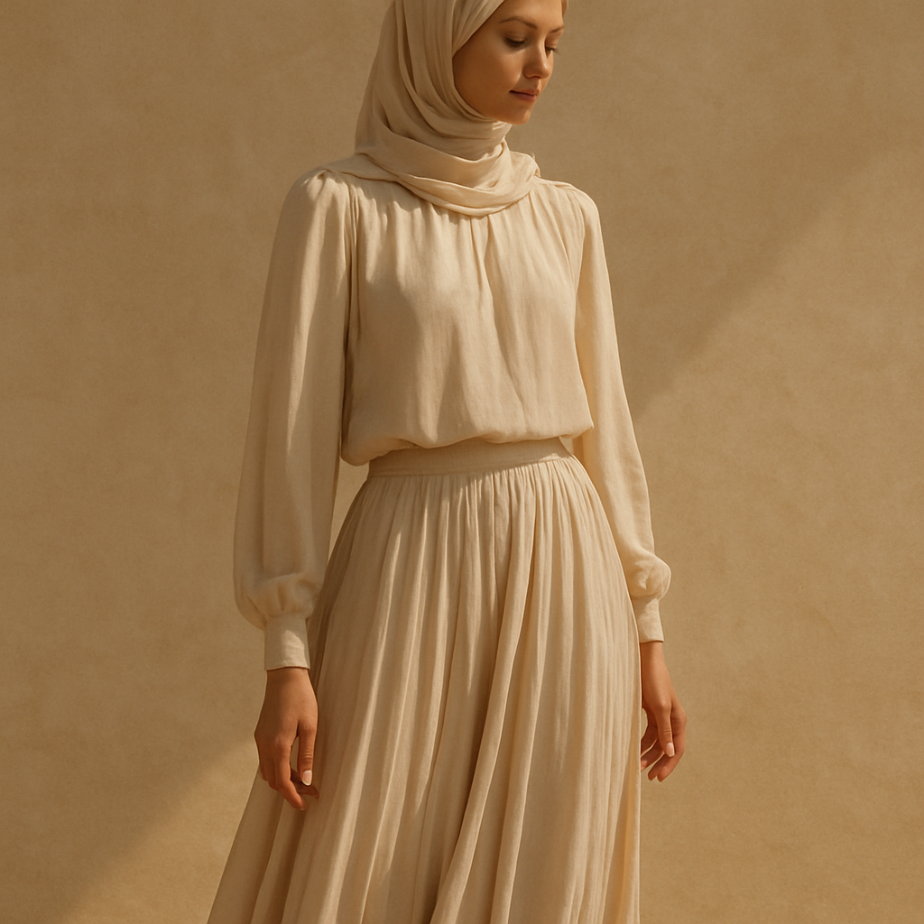 A model wearing flowing modest summer clothing in soft neutral tones